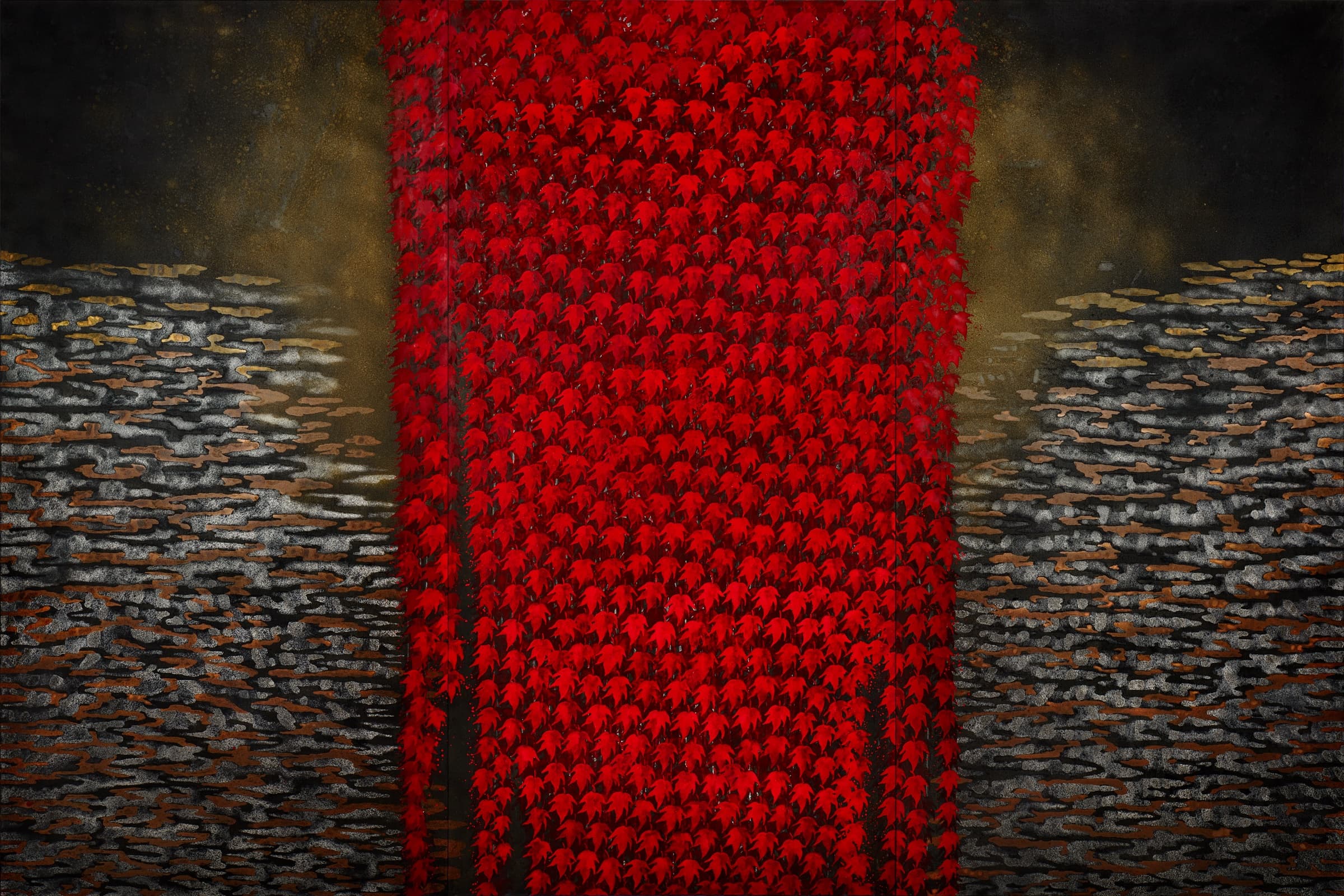 加藤弘光《真穂等間》2015年 三曲屏風　紙本墨画金彩着色 180 × 270 cm
