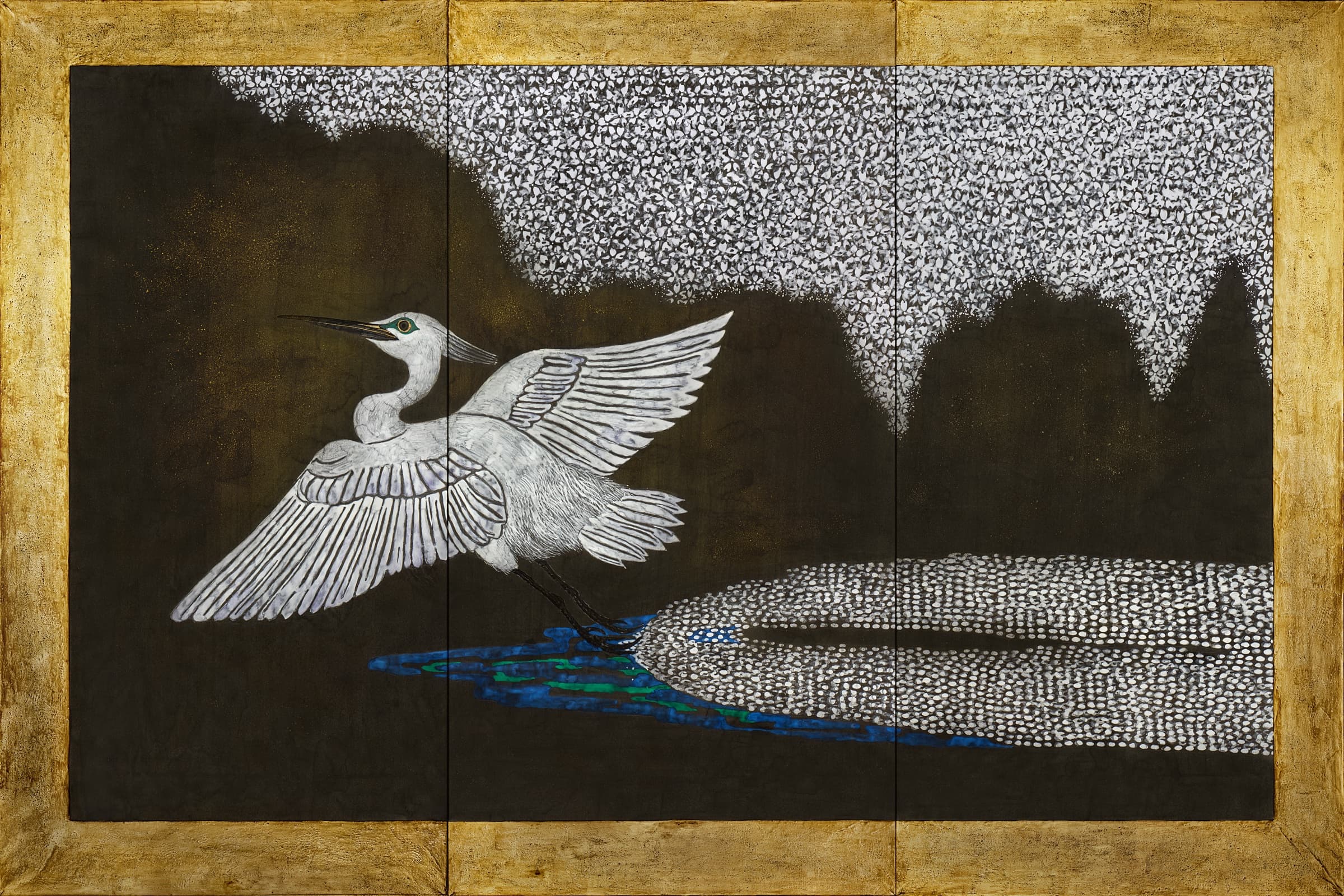 加藤弘光《惜春》2018年 三曲屏風　紙本墨画金彩着色 180 × 270 cm