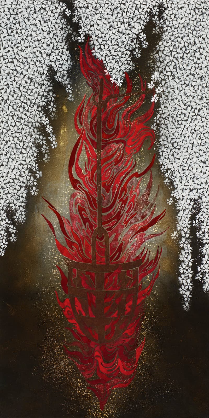 加藤弘光《篝火(春)》2017年 紙本墨画金銀彩着色 180 × 90 cm
