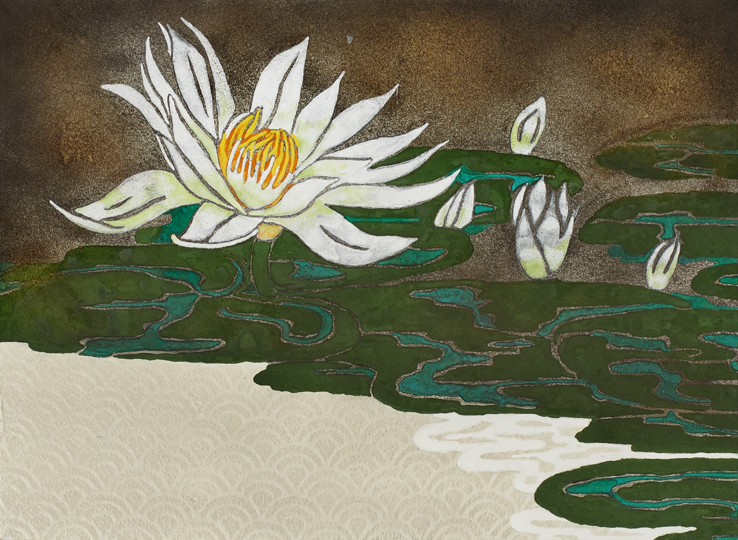 加藤弘光《水際》2018年 紙本墨画金彩着色 53.2 × 72.7 cm