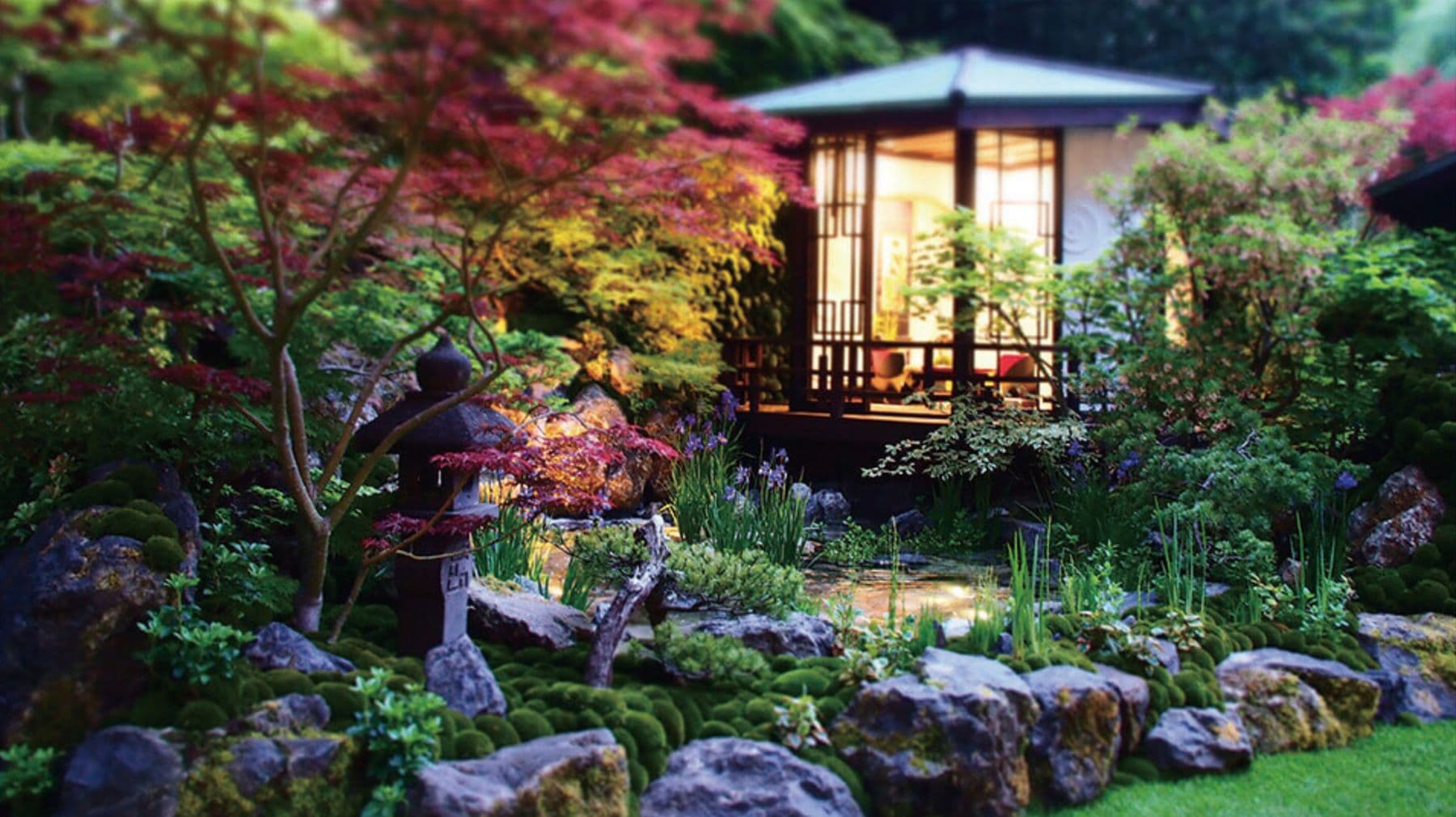 紅葉と石灯籠の奥に、灯りのともる茶屋