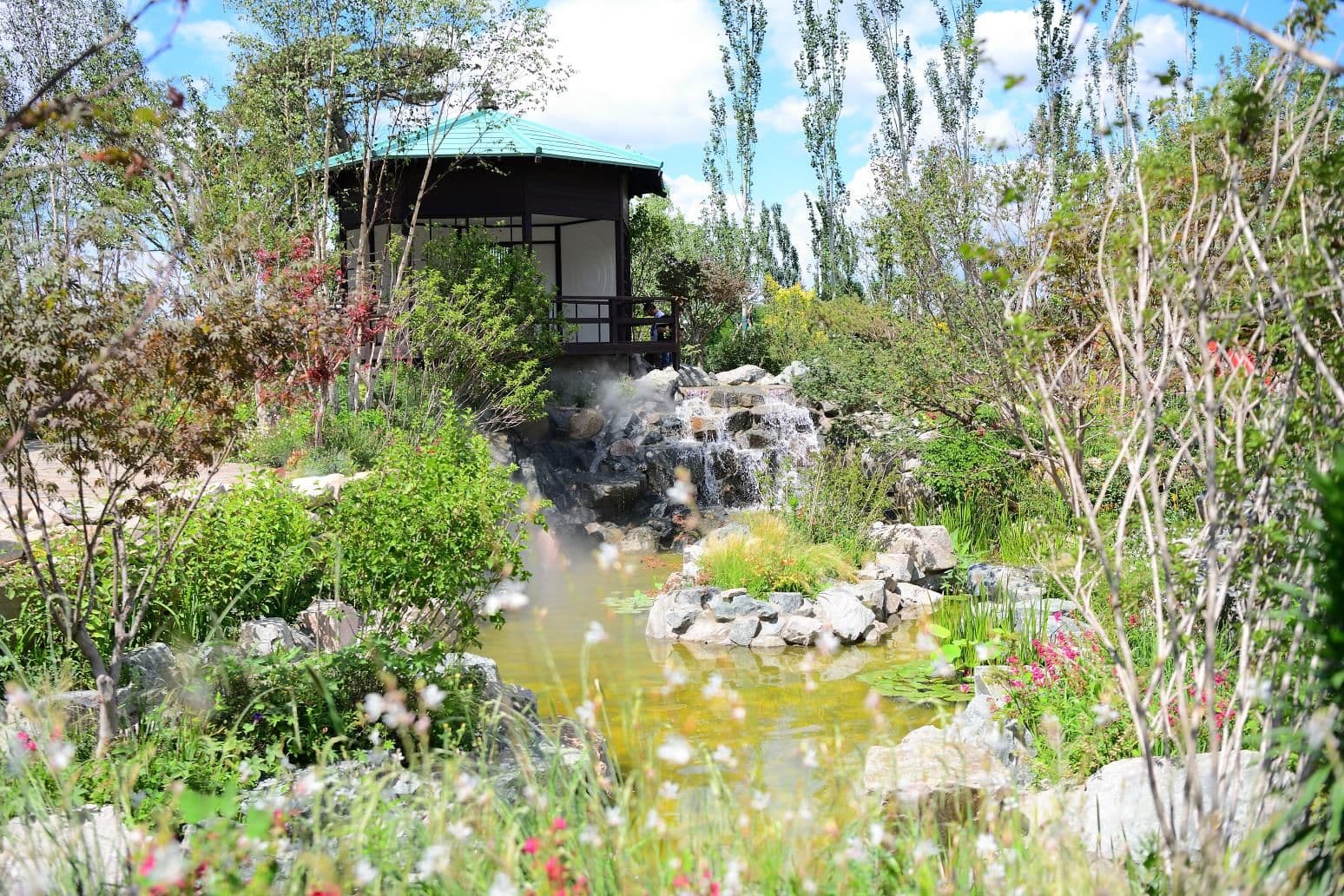 対岸から望む建屋と、奥行きのある水辺の風景