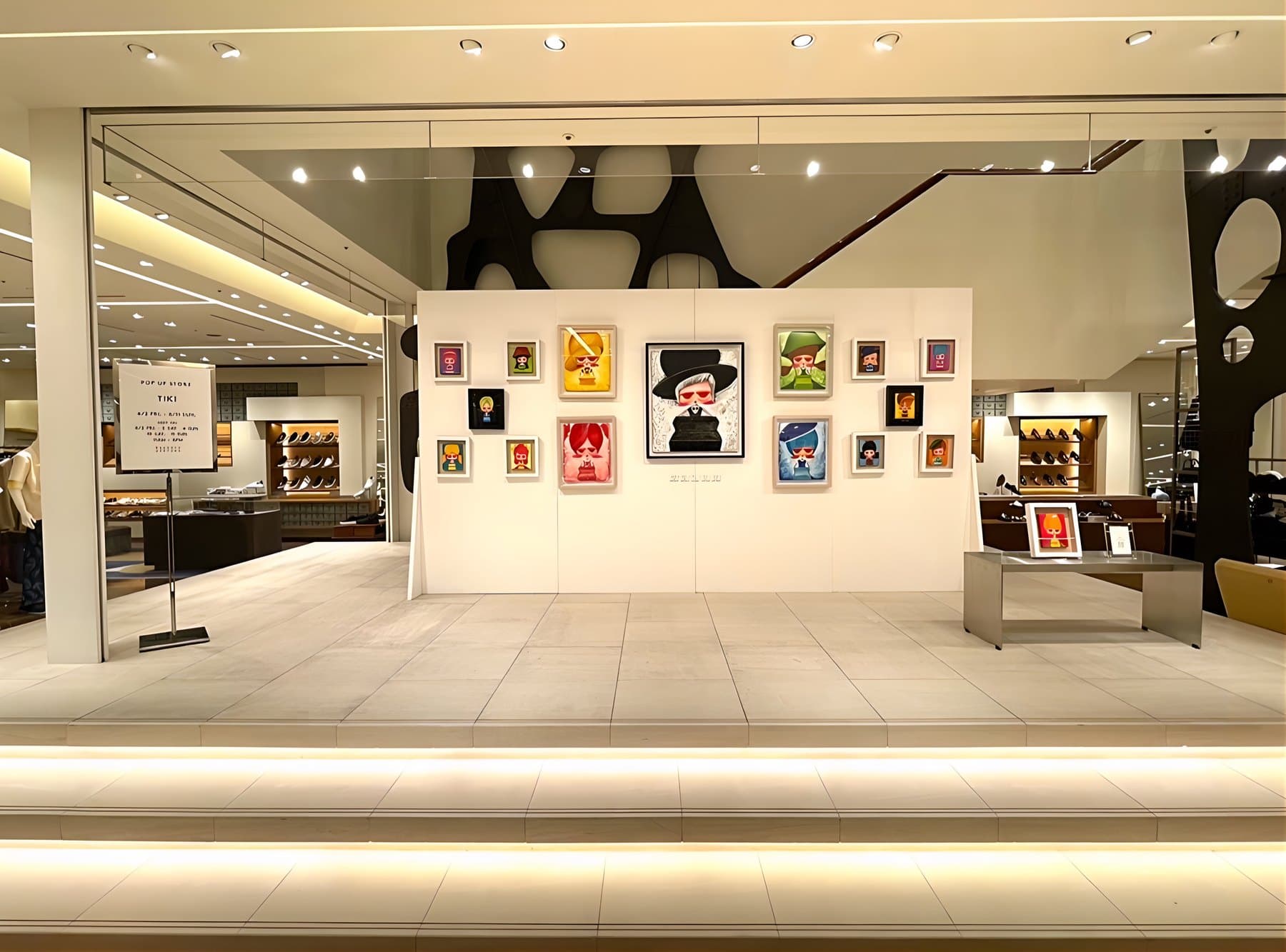 BARNEYS NEW YORK 銀座本店での個展。白い壁の一面に、大きさの違う作品を並べて掛けている