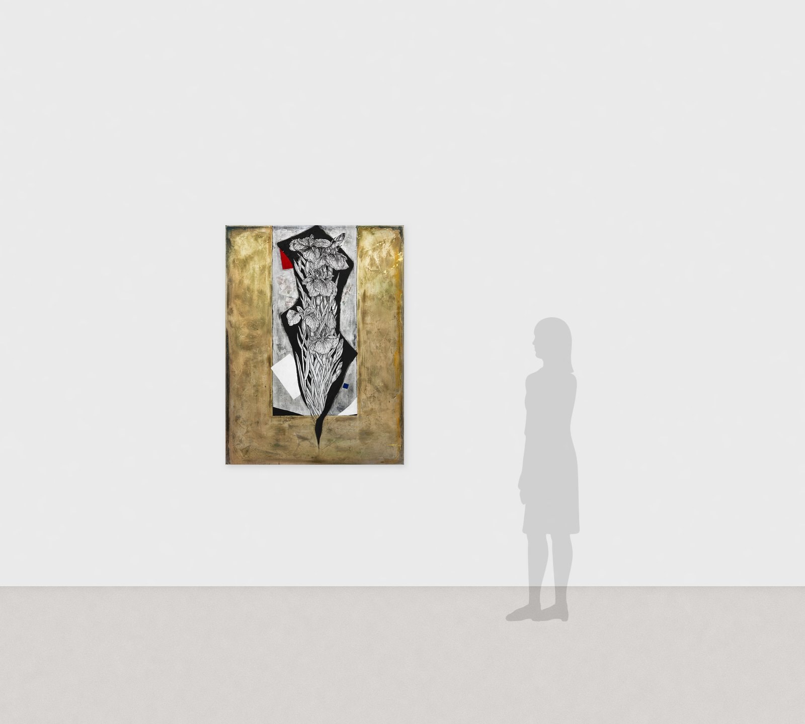 Hiromitsu Kato《Stand Upright》2002 Tinta, oro, plata y colores sobre papel japonés 130 × 97 cm　Vista de sala