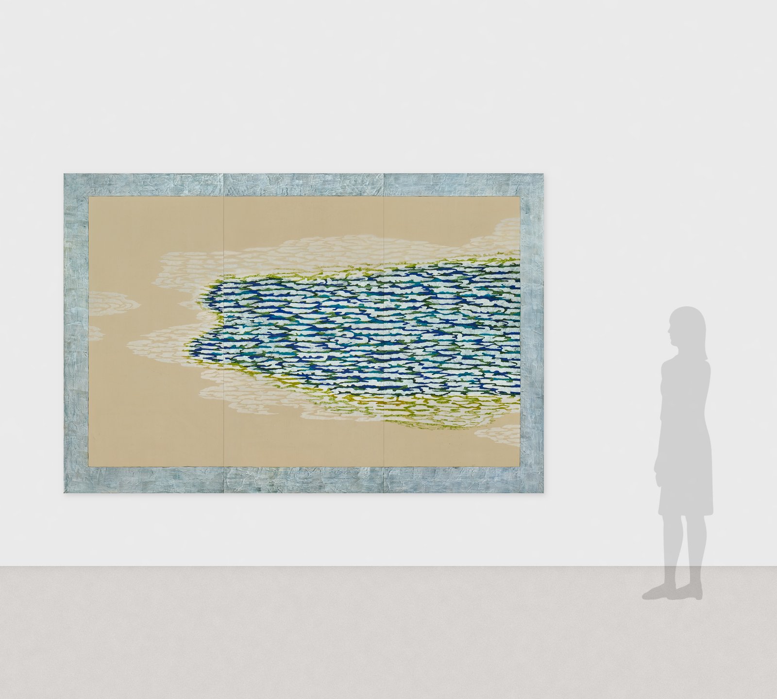 Hiromitsu Kato《Water Blue》2014 Tinta, oro, plata y colores sobre papel japonés 180 × 270 cm　Vista de sala