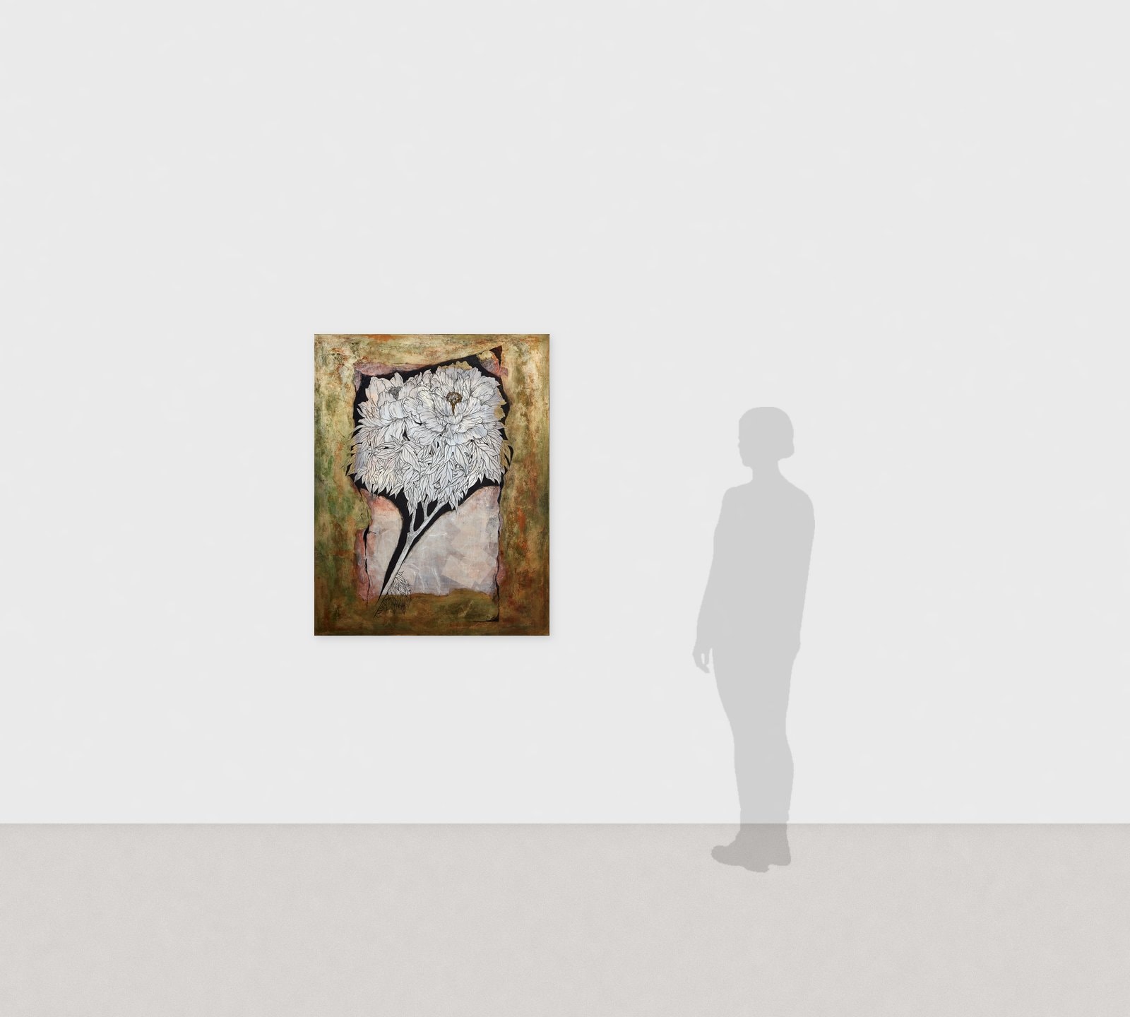 هيروميتسو كاتو《Winter Peony》2016 حبر وذهب وفضة وألوان على ورق ياباني 116.2 × 91 cm　منظر التركيب