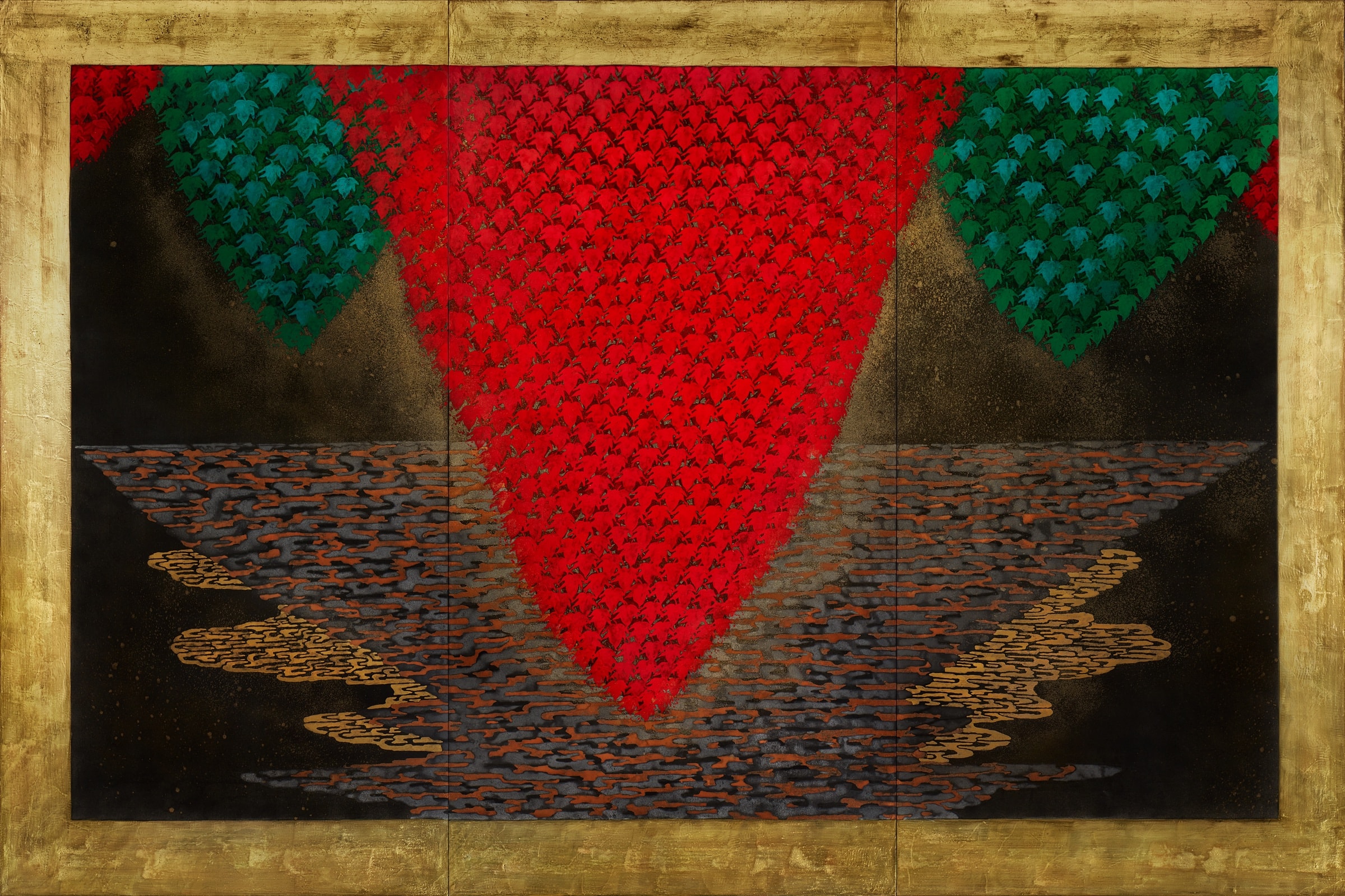 加藤弘光《照山紅葉》2017年 三曲屏風　紙本墨画金彩着色 180 × 270 cm