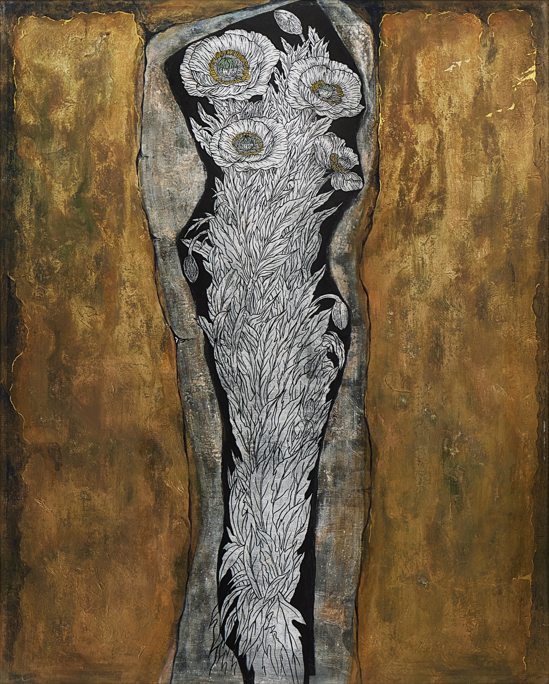 Hiromitsu Kato《こん》Tinta, oro, plata y colores sobre papel japonés 162 × 130 cm