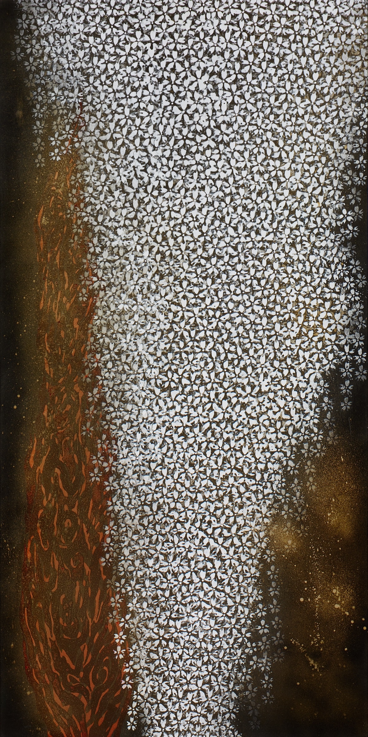 加藤弘光《春炎》2017年 紙本墨画金銀彩着色 180 × 90 cm