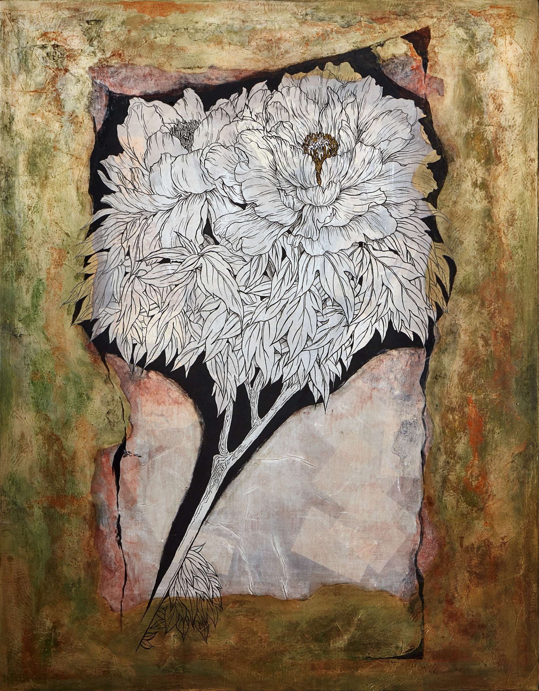 هيروميتسو كاتو《Winter Peony》2016 حبر وذهب وفضة وألوان على ورق ياباني 116.2 × 91 cm