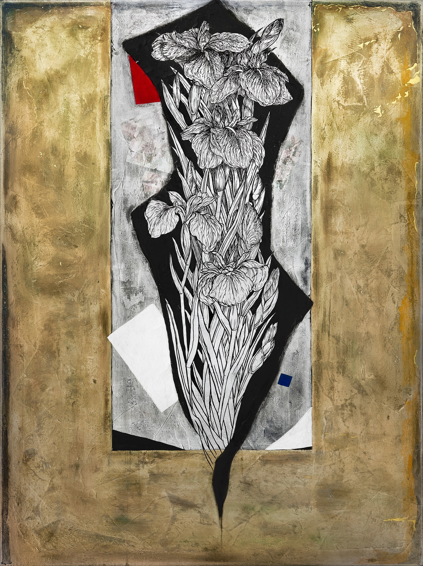 Hiromitsu Kato《Stand Upright》2002 Tinta, oro, plata y colores sobre papel japonés 130 × 97 cm