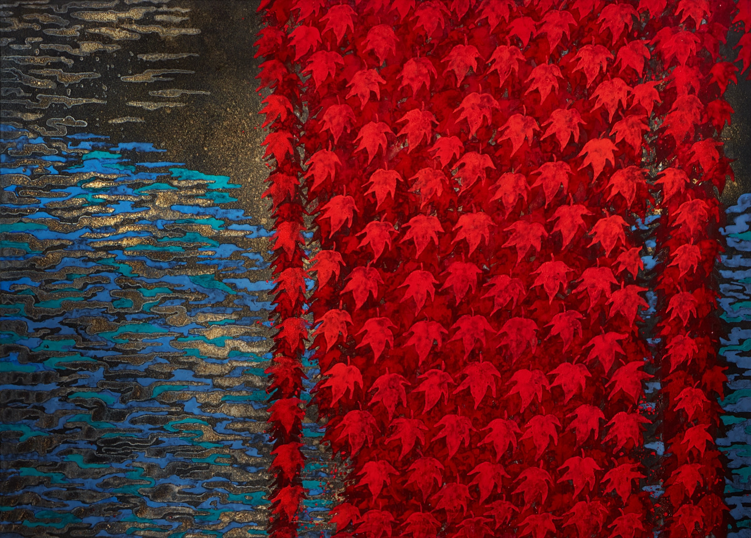 هيروميتسو كاتو《Autumn Colors》2015 حبر وذهب وألوان على ورق ياباني 65.2 × 91 cm