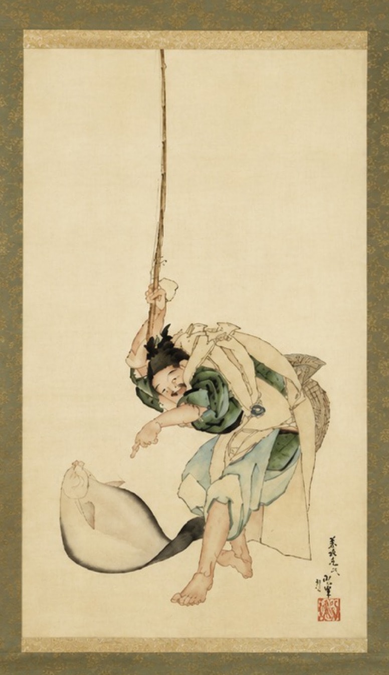 葛飾北斎《二股大根と大黒天／鮃と恵比寿天（双幅）》各73.0 × 30.8 cm