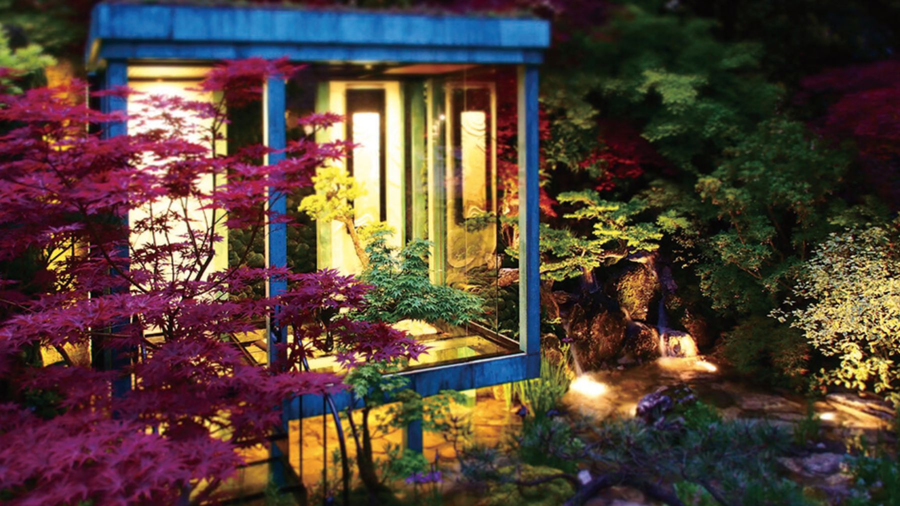 夜の庭。紅葉の向こうに灯りのともる建屋