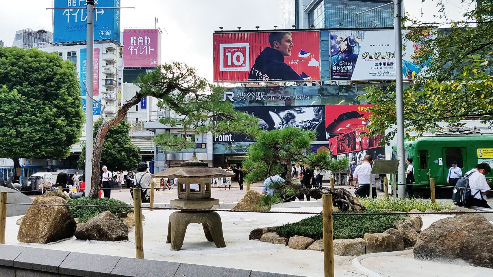 A Japanese black pine fukei bonsai and a stone lantern outside Shibuya Station