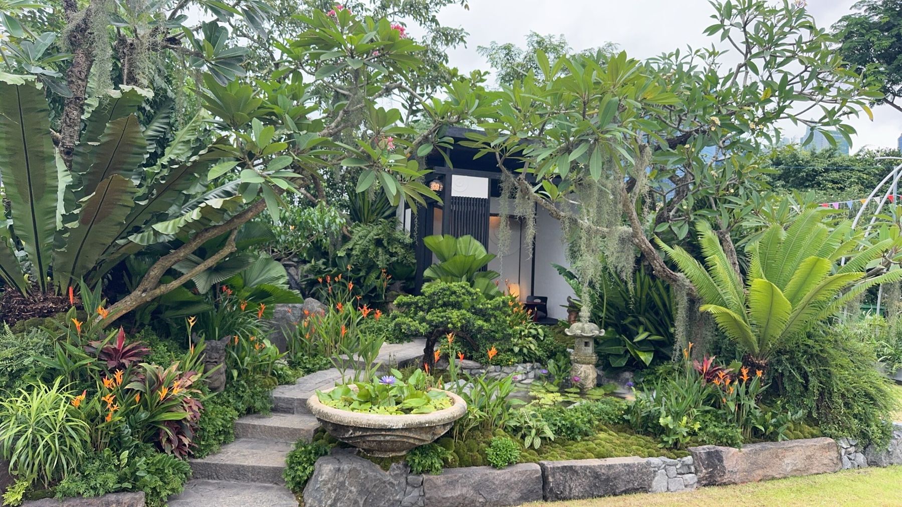 熱帯の植物に囲まれた床の間の建屋と、苔の庭へ上る石段