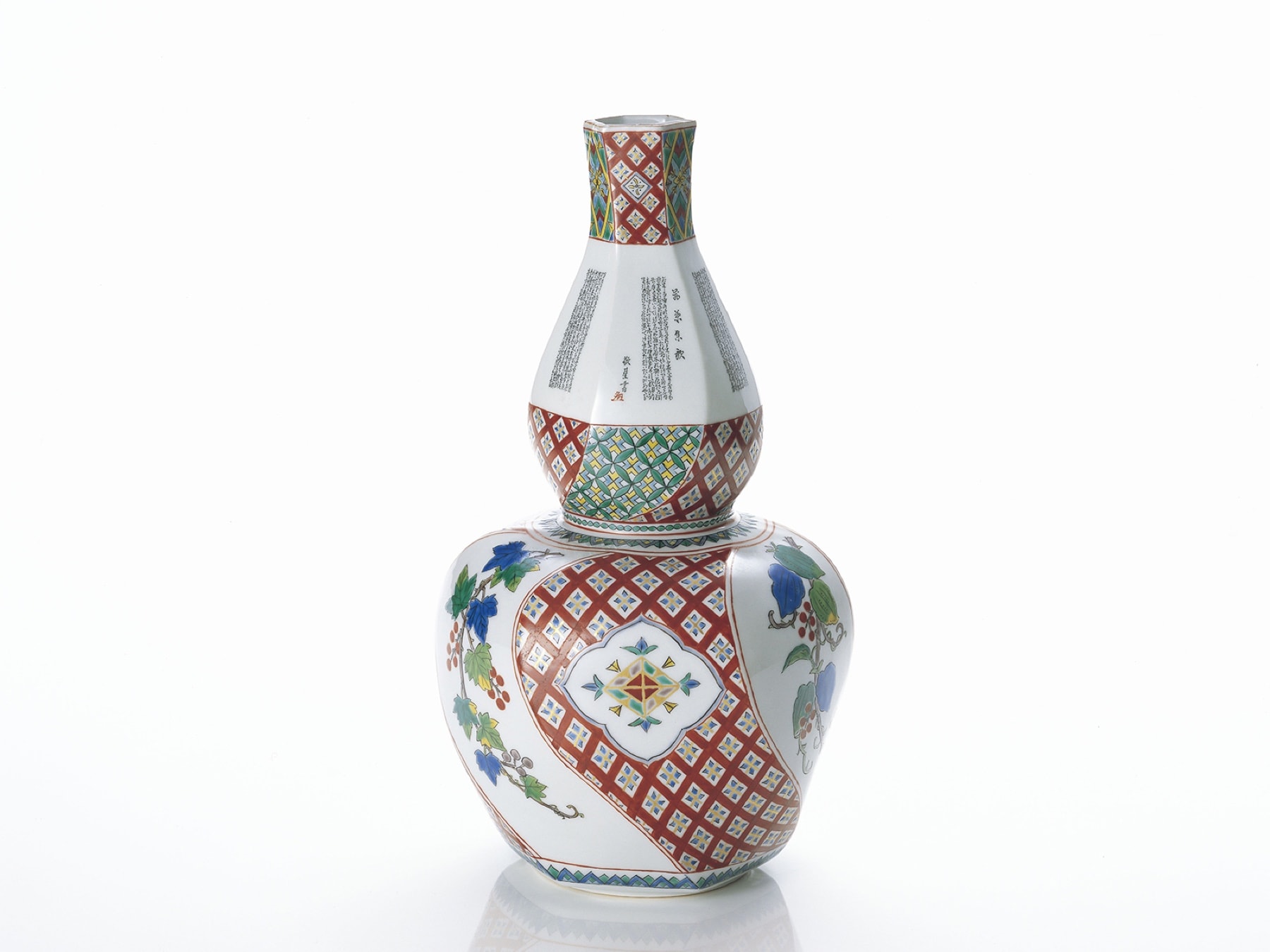 Keisei Tamura《細字瓢形花瓶》Kutani ware, fine-brush calligraphy